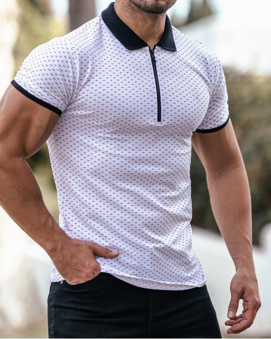 Black and White Printed Zip Polo Shirt