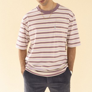 Horizontal striped short sleeved retro trendy pocket T-shirt