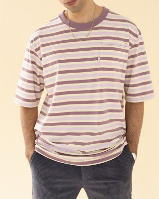 Horizontal striped short sleeved retro trendy pocket T-shirt