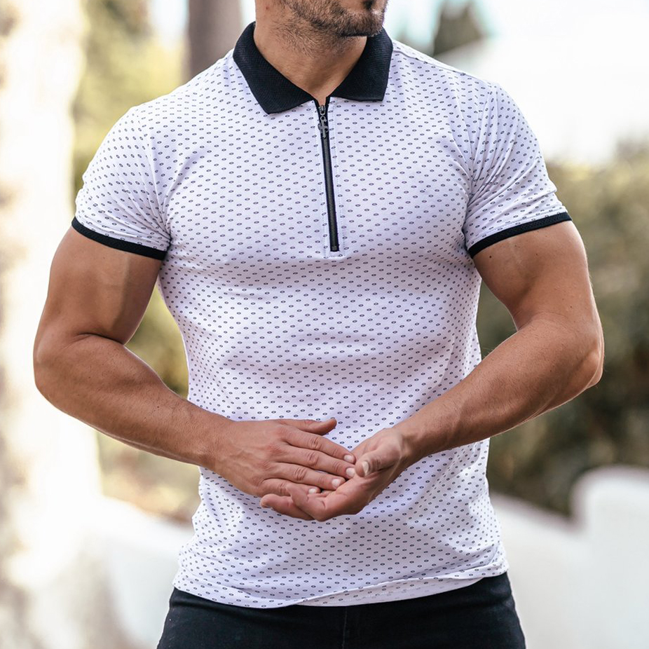 Black and White Printed Zip Polo Shirt