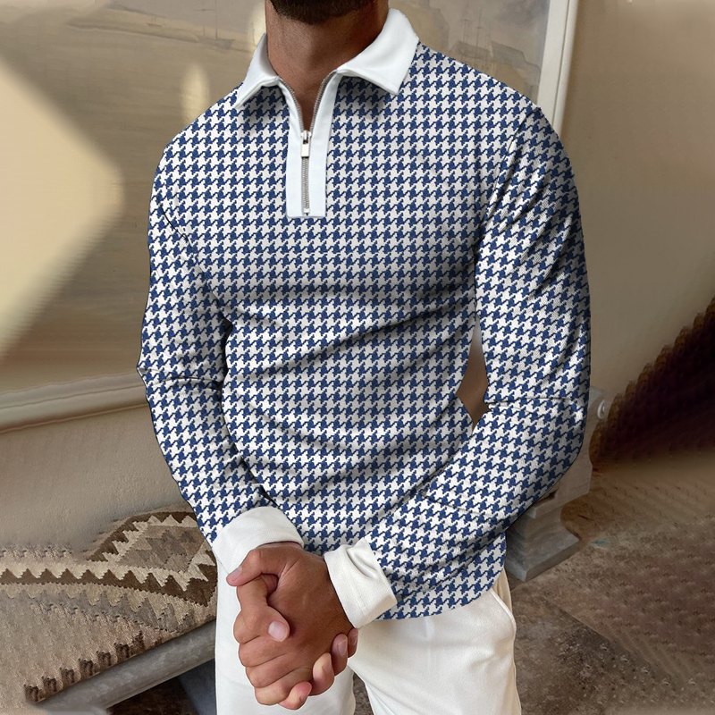 Houndstooth Print Long-sleeved Polo Shirt