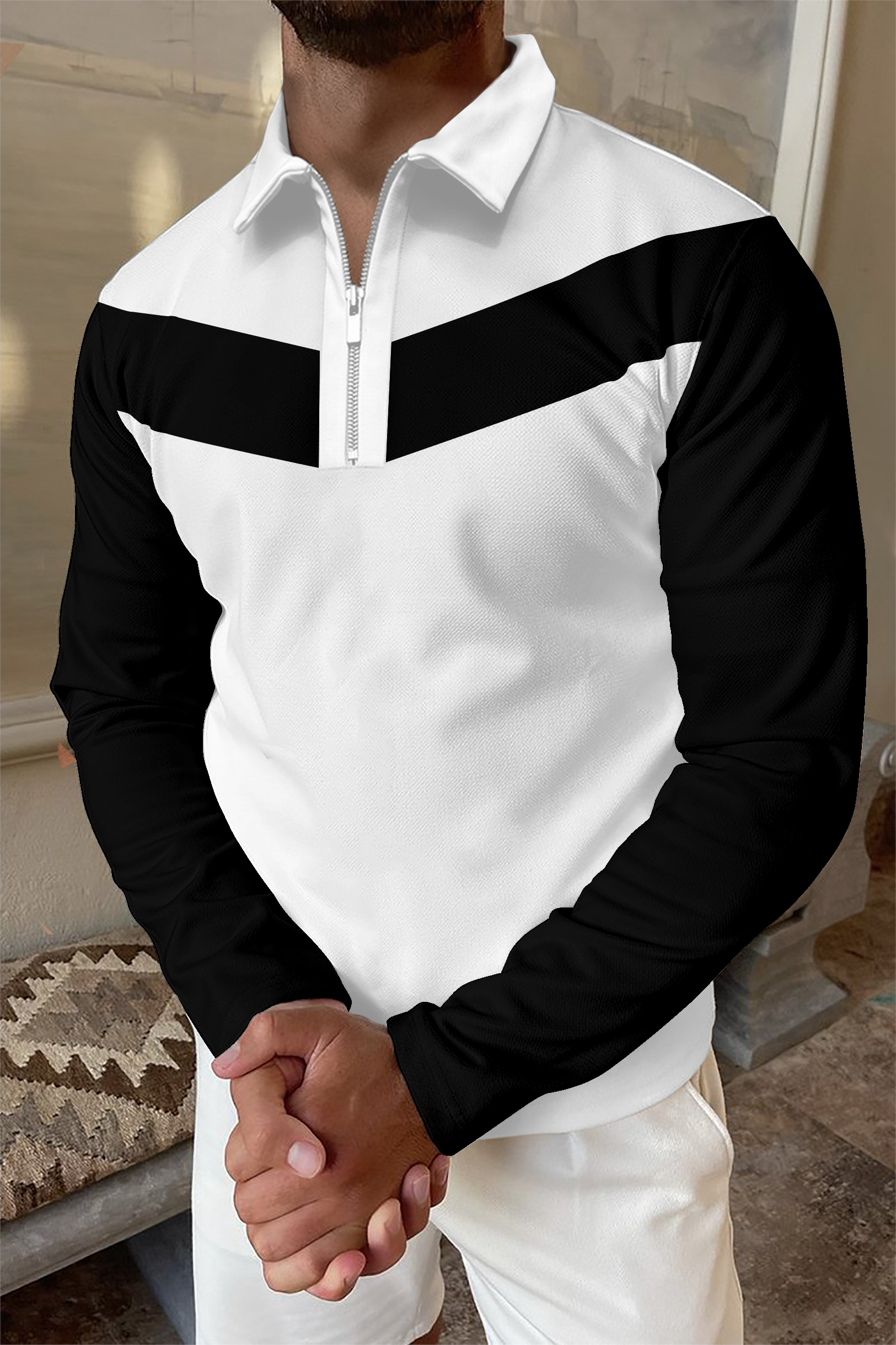 Contrast Color Long Sleeve Polo Shirt