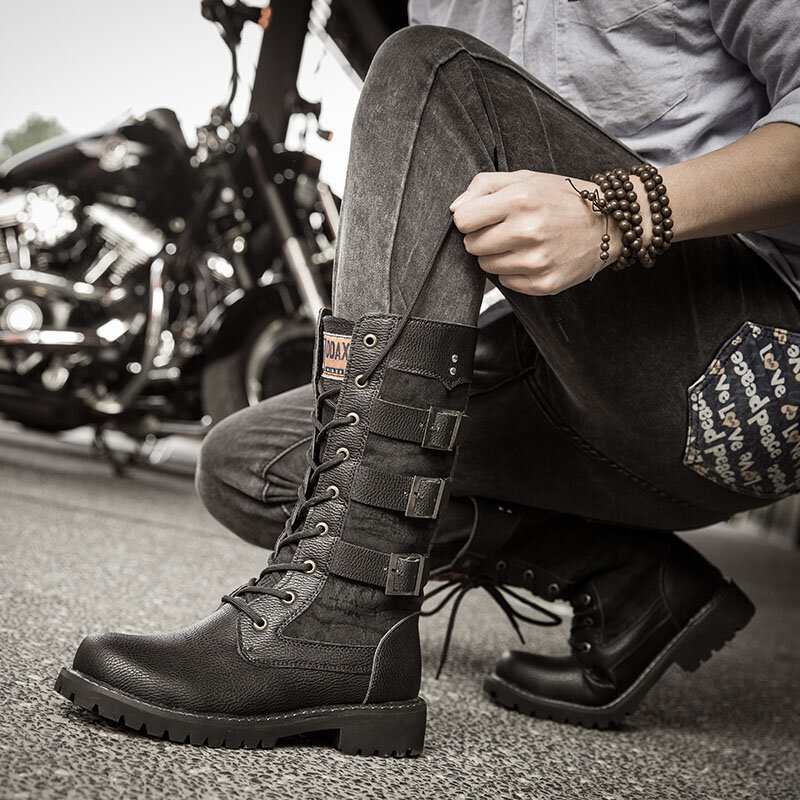 Men Classic Black Biker Boots Metal Buckle Motorcycle Boots