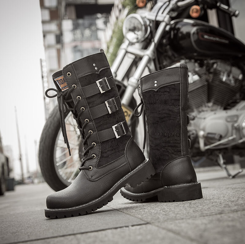 Men Classic Black Biker Boots Metal Buckle Motorcycle Boots