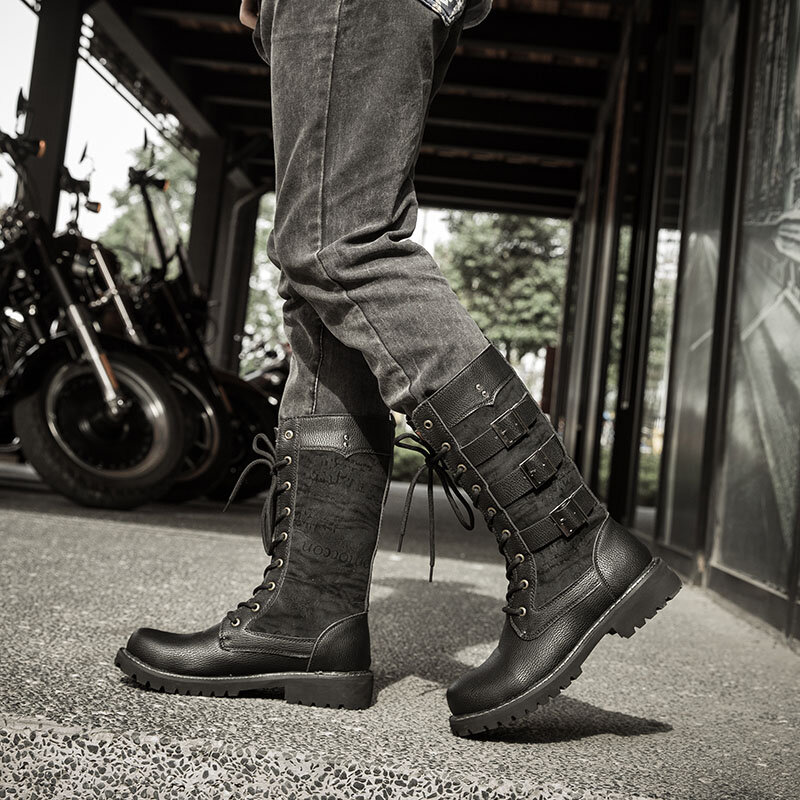 Men Classic Black Biker Boots Metal Buckle Motorcycle Boots