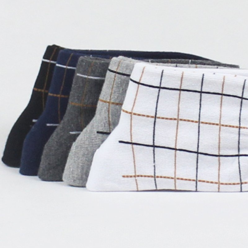 5 Pairs Plaid Men Combed Cotton Breathable Low Cut No Show Athletic Socks Non Slip Sock