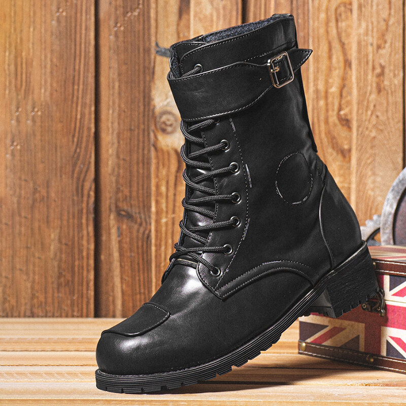 Men PU Non Slip Side Zipper Lace Up Retro Casual Boots