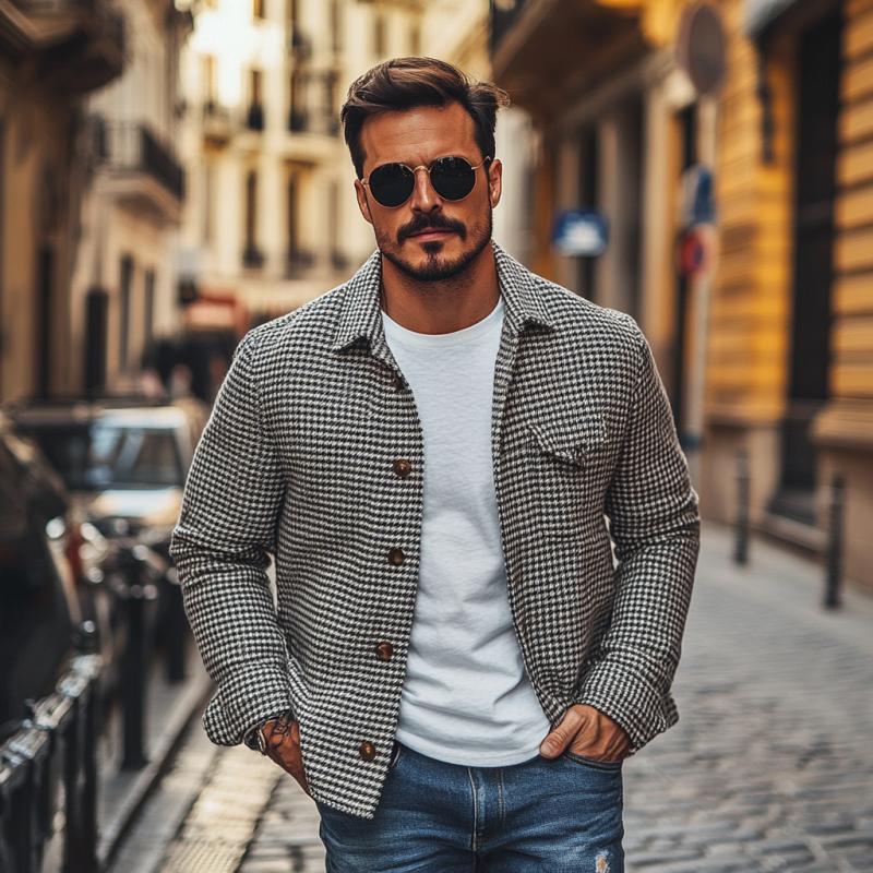 Men's Vintage Houndstooth Lapel Single Breasted Shirt Jacket 85588306M