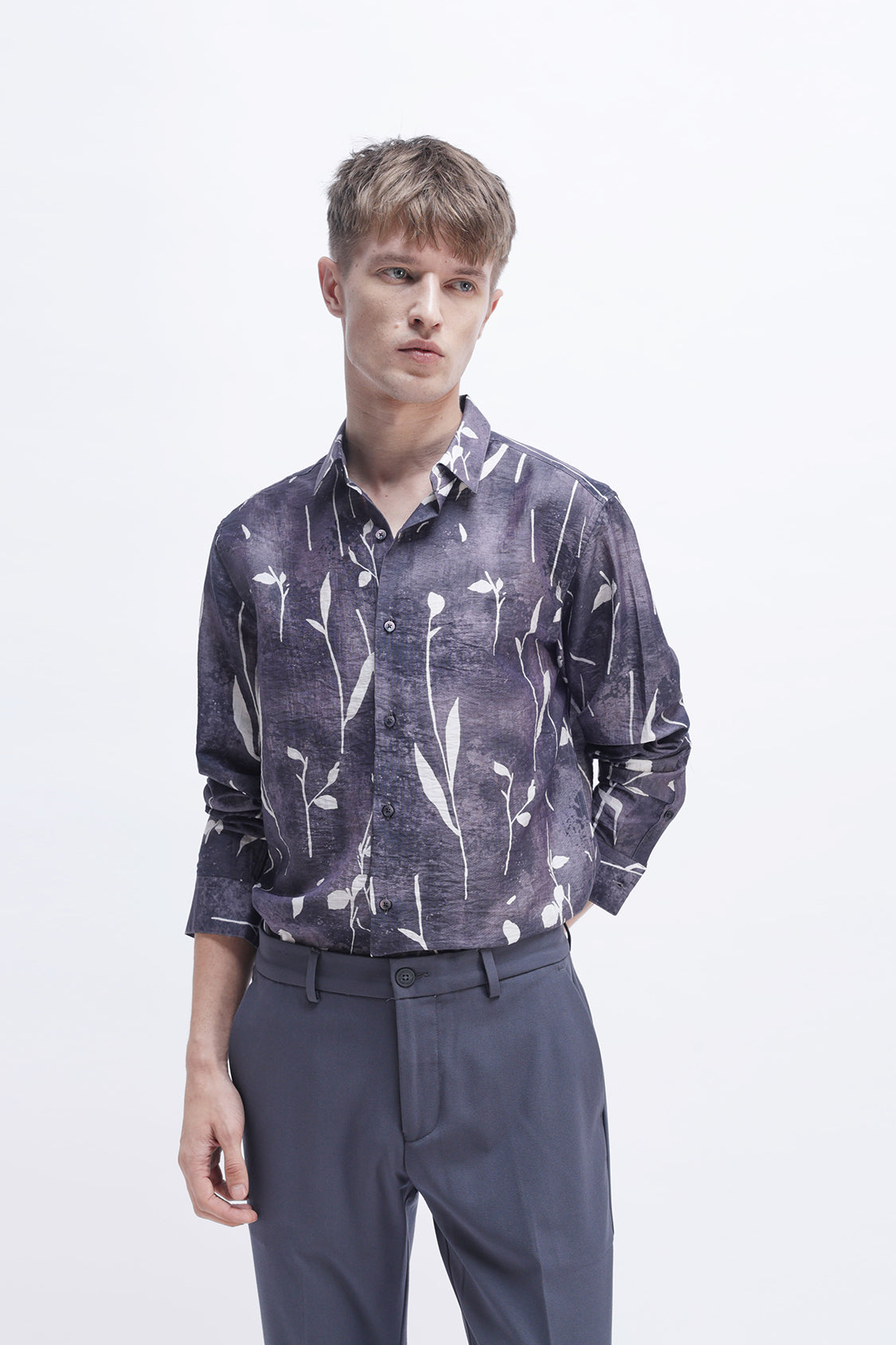 MEEK EGGPLANT WHITE LEAFY PRINT SHIRT