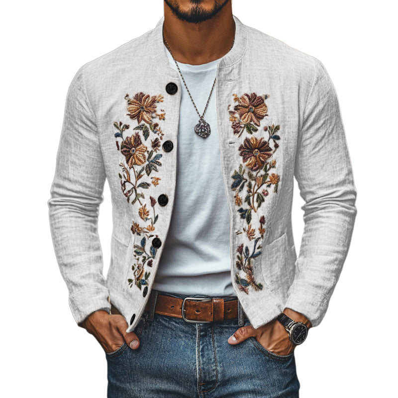 【24-hour shipping out】Men's Casual Linen Embroidered Stand Collar Single Breasted Slim Fit Jacket 48687422M