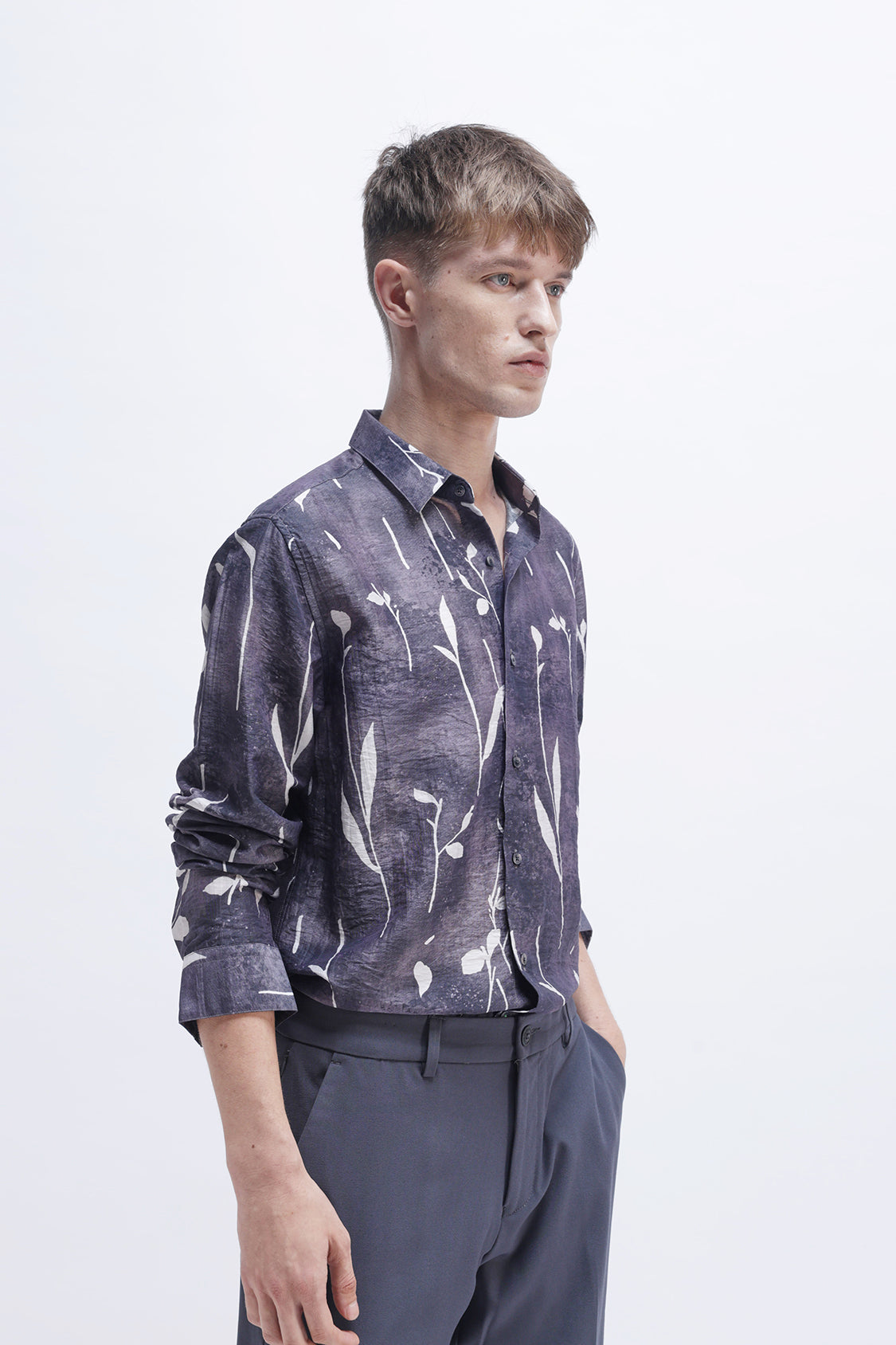 MEEK EGGPLANT WHITE LEAFY PRINT SHIRT