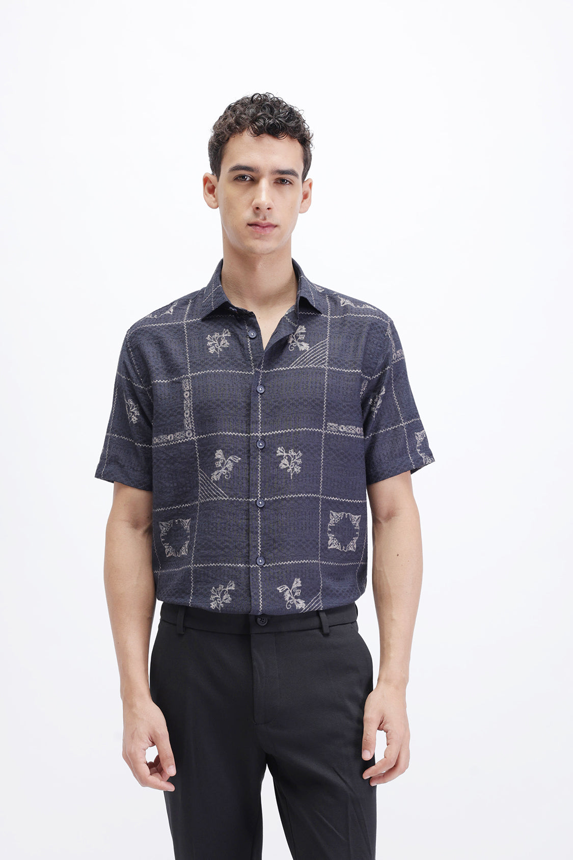 LUMOR NAVY KASUTI PRINT SHIRT