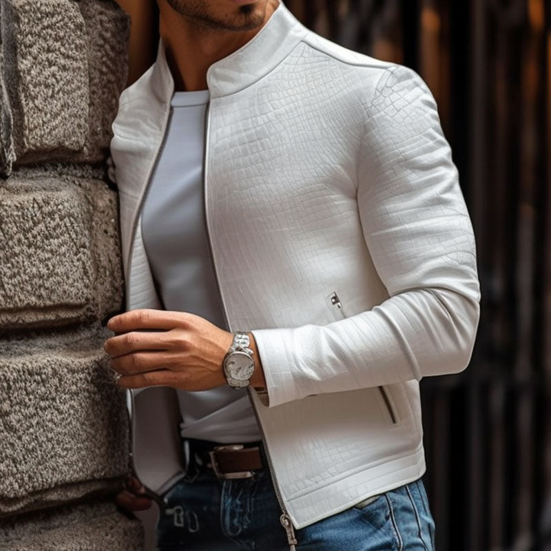 【24-hour shipping out】Men's Fashion Stone Pattern Stand Collar Zipper Slim Fit Leather Jacket 45773252M