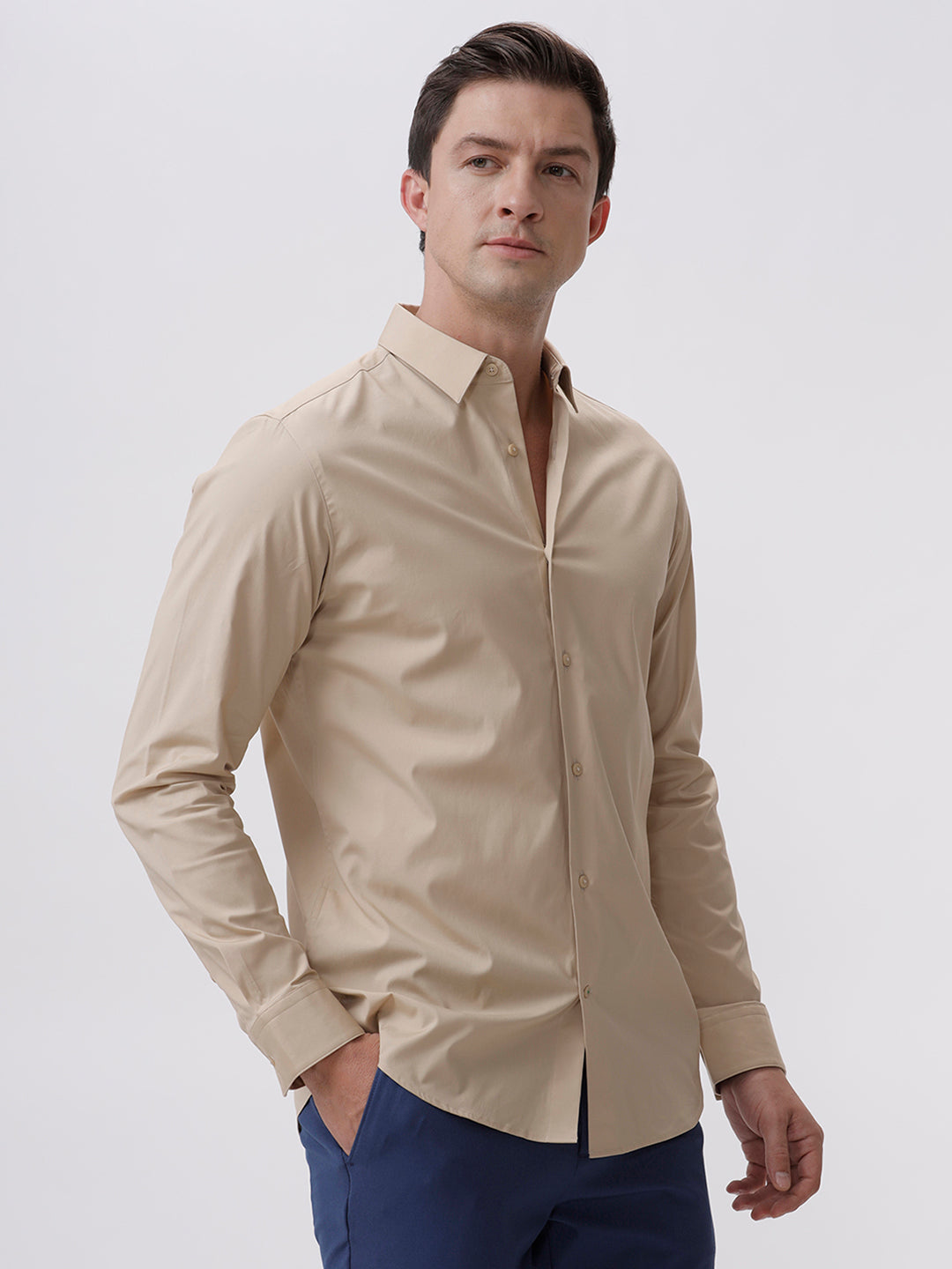 The Collection Men's Beige Slim Fit 100% Cotton Full Sleeves Semi-Formal Shirt