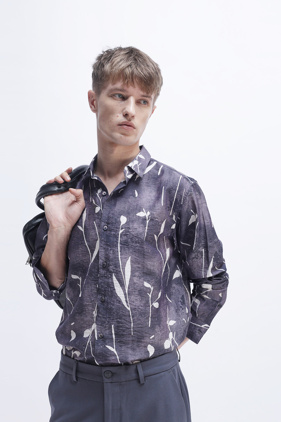 MEEK EGGPLANT WHITE LEAFY PRINT SHIRT