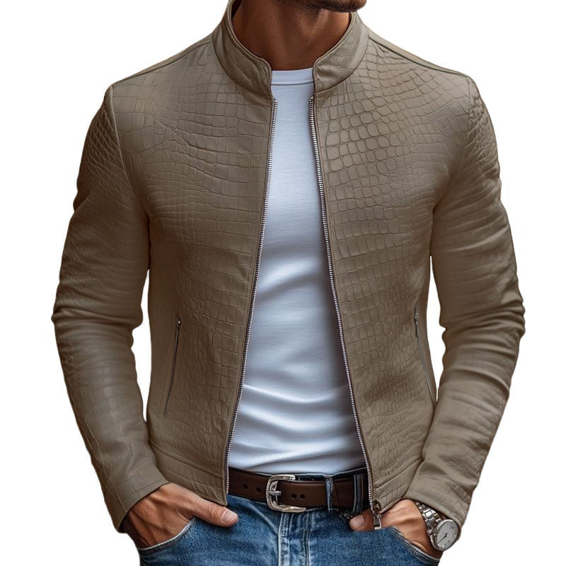 【24-hour shipping out】Men's Fashion Stone Pattern Stand Collar Zipper Slim Fit Leather Jacket 45773252M