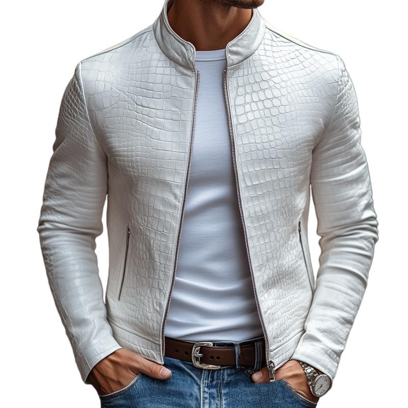 【24-hour shipping out】Men's Fashion Stone Pattern Stand Collar Zipper Slim Fit Leather Jacket 45773252M