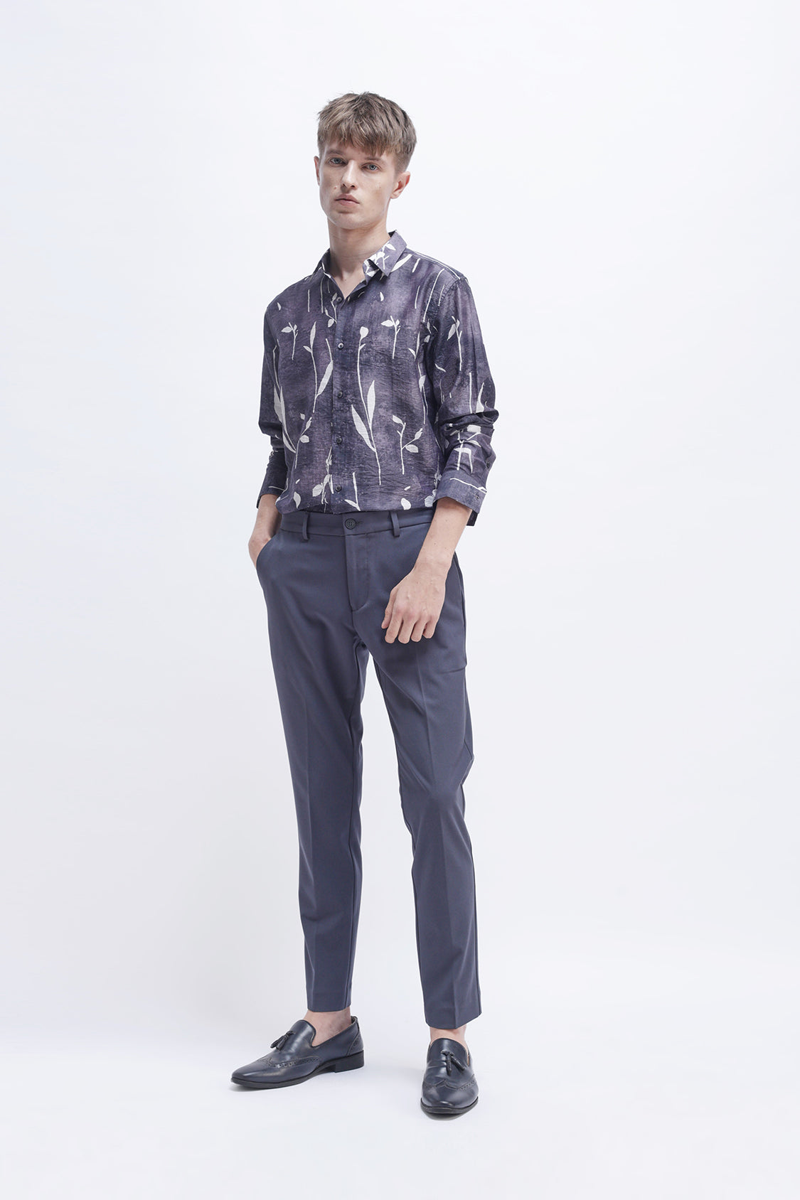 MEEK EGGPLANT WHITE LEAFY PRINT SHIRT