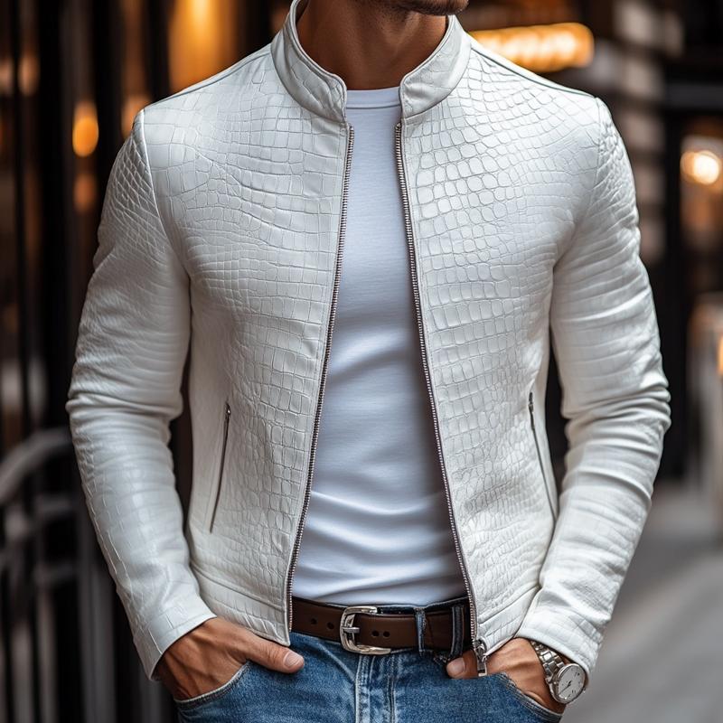 【24-hour shipping out】Men's Fashion Stone Pattern Stand Collar Zipper Slim Fit Leather Jacket 45773252M
