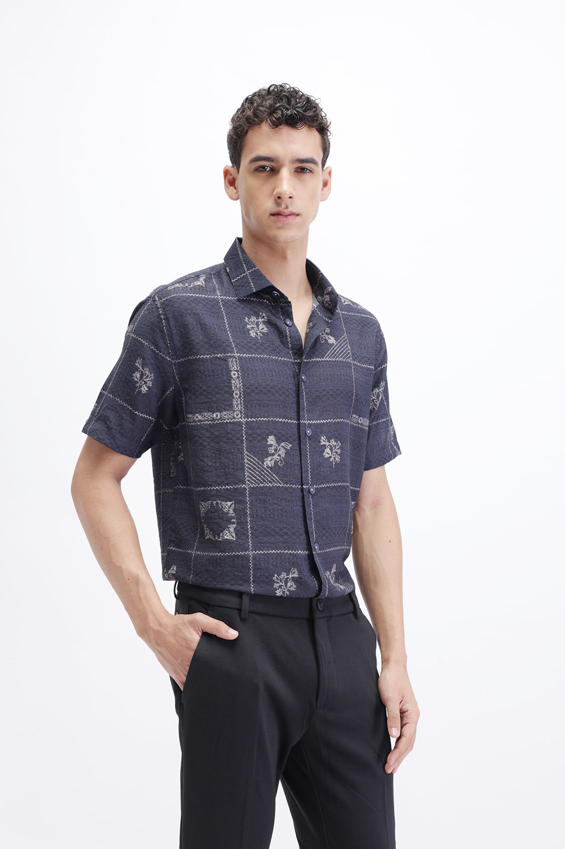 LUMOR NAVY KASUTI PRINT SHIRT