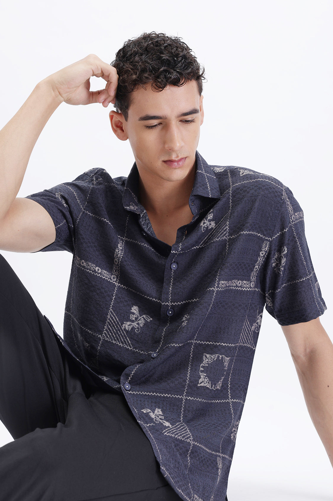 LUMOR NAVY KASUTI PRINT SHIRT