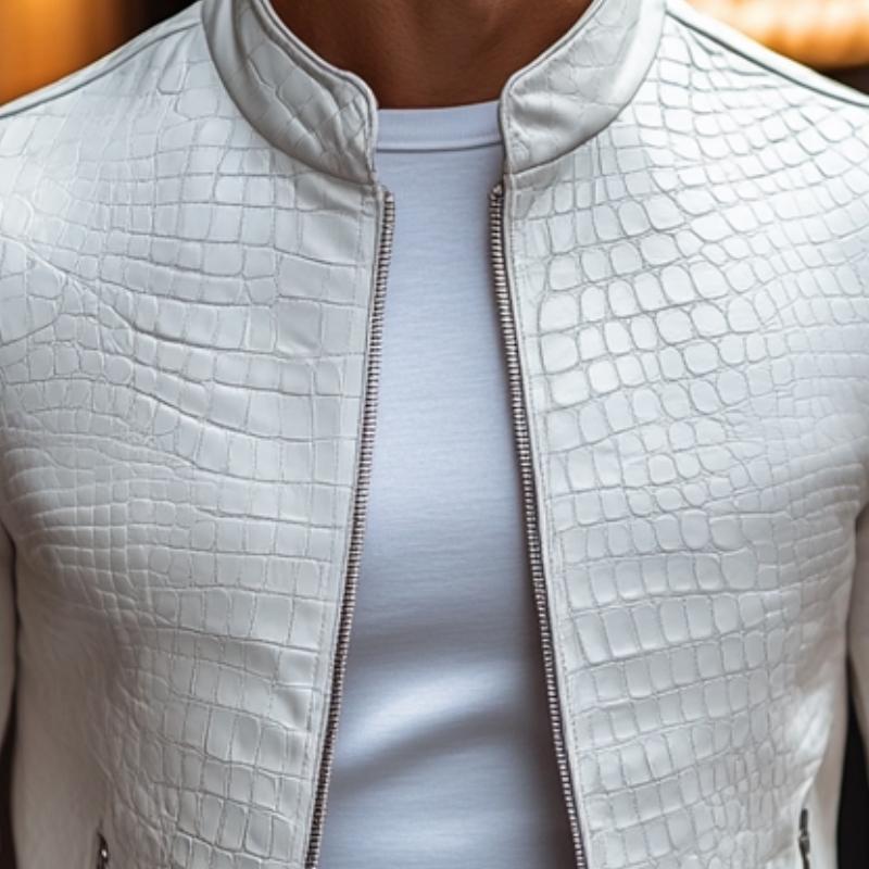 【24-hour shipping out】Men's Fashion Stone Pattern Stand Collar Zipper Slim Fit Leather Jacket 45773252M